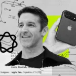 Smiling man with short hair, holding a black Apple device. Background features abstract tech sketches and patent text.