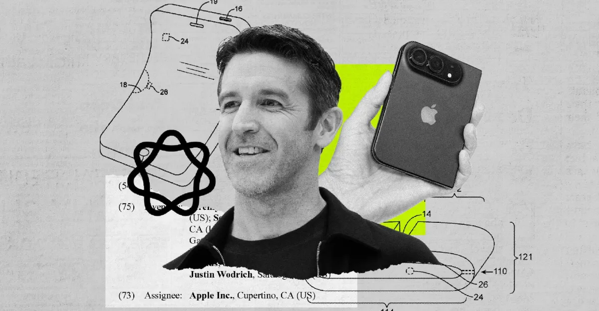 Smiling man with short hair, holding a black Apple device. Background features abstract tech sketches and patent text.