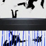 Silhouettes of people in suits being shredded by a large black shredder against a blue background with electric patterns.