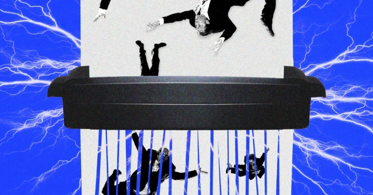 Silhouettes of people in suits being shredded by a large black shredder against a blue background with electric patterns.