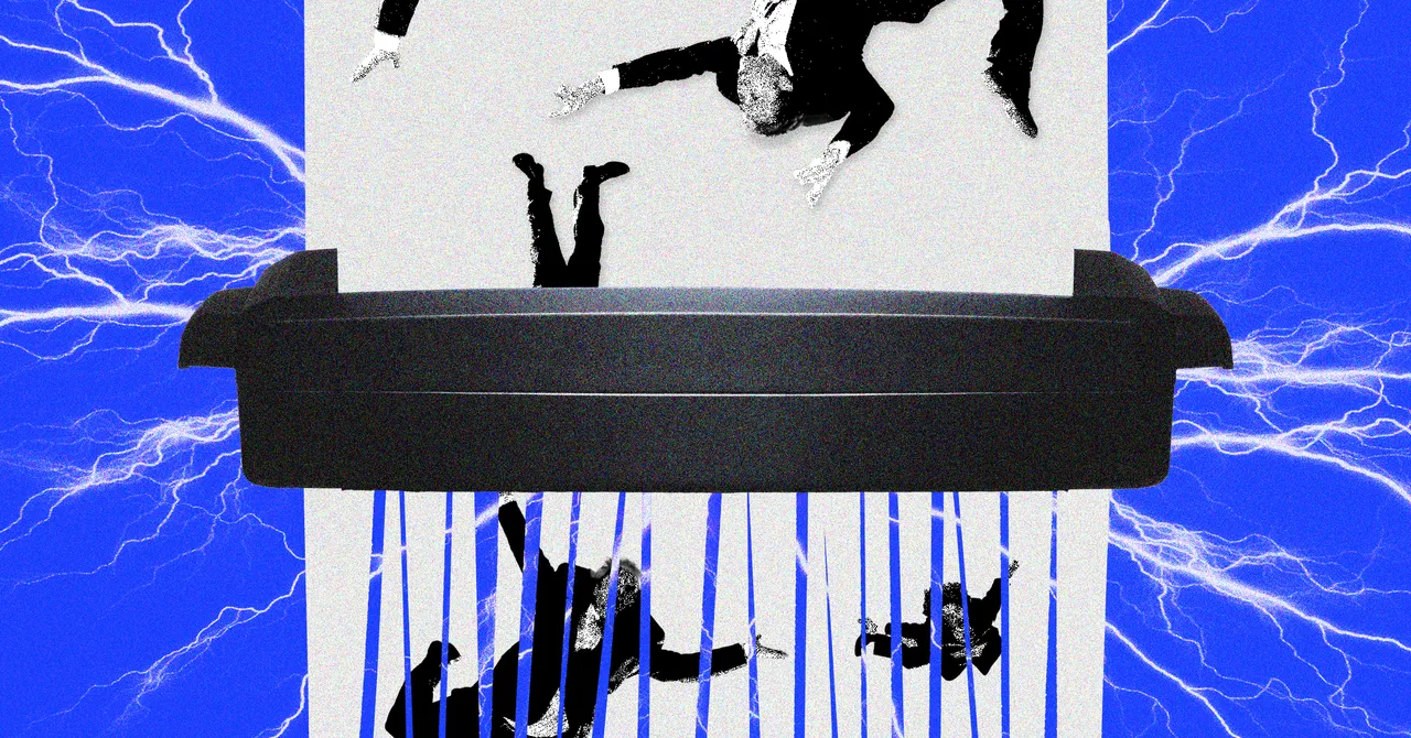 Silhouettes of people in suits being shredded by a large black shredder against a blue background with electric patterns.