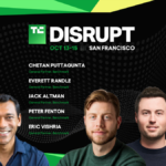 Five men in front of a black background with "TC Disrupt" text, event details, and names listed on the right.