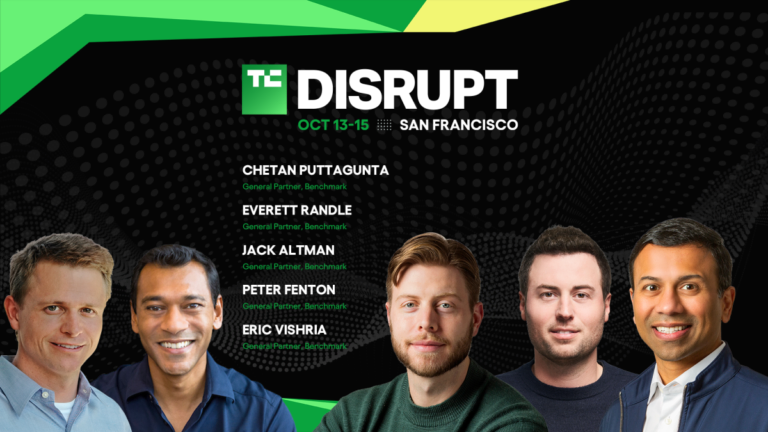 Five men in front of a black background with "TC Disrupt" text, event details, and names listed on the right.