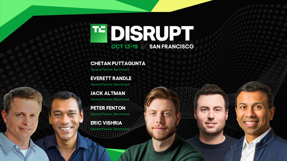 Five men in front of a black background with "TC Disrupt" text, event details, and names listed on the right.