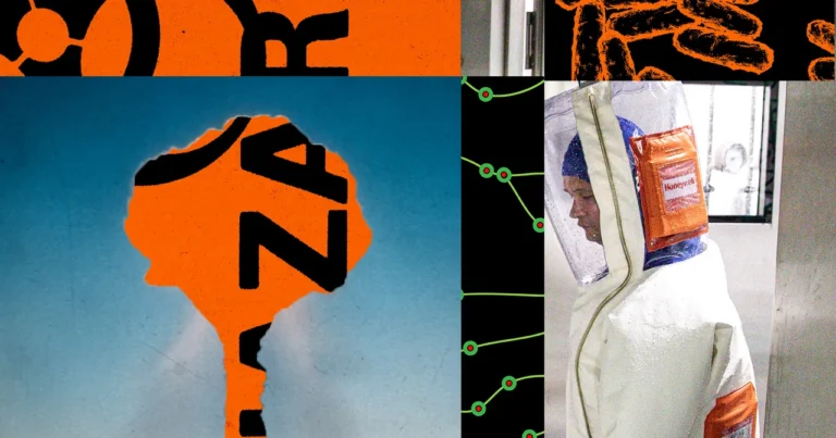 Person in protective suit in a lab, overlaid with biohazard symbols and abstract network graphics.