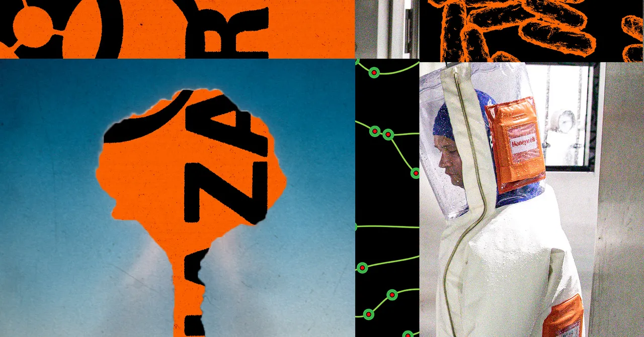 Person in protective suit in a lab, overlaid with biohazard symbols and abstract network graphics.
