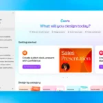 Canva interface with options for design projects, a sidebar menu, and prompts for creating a pitch deck and Instagram post.