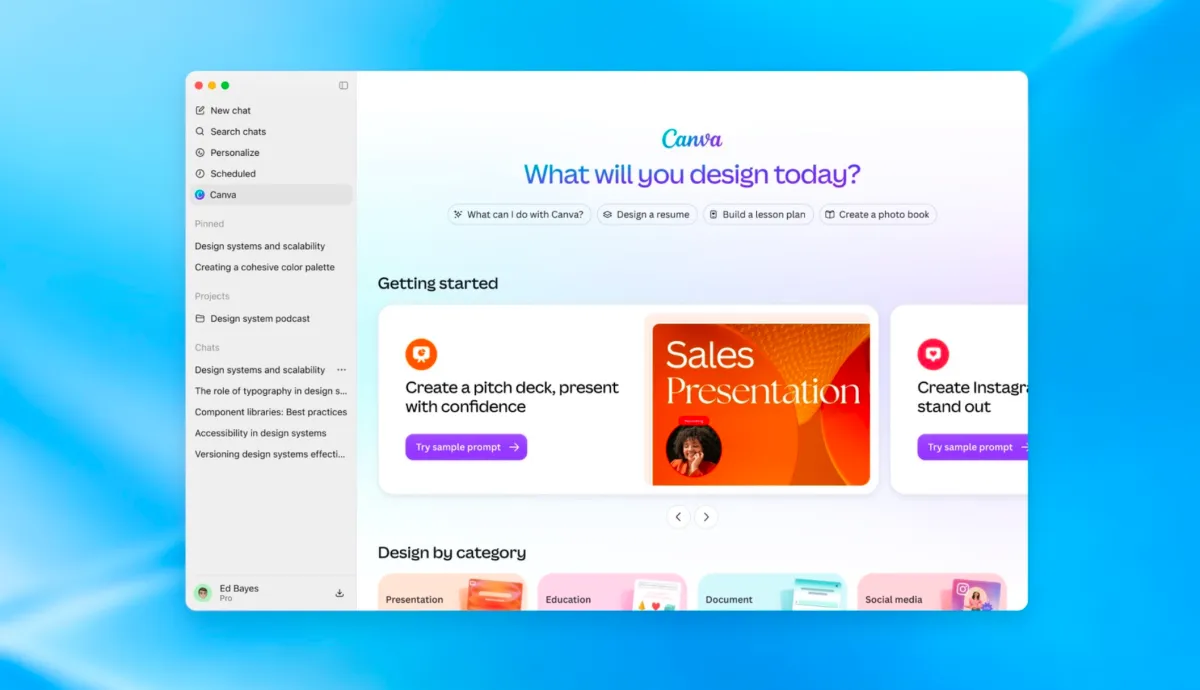 Canva interface with options for design projects, a sidebar menu, and prompts for creating a pitch deck and Instagram post.