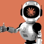 Robot with a white and black body gives a thumbs-up on an orange background, orange burst symbol on its face screen.