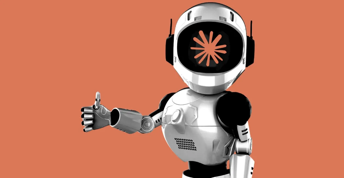 Robot with a white and black body gives a thumbs-up on an orange background, orange burst symbol on its face screen.