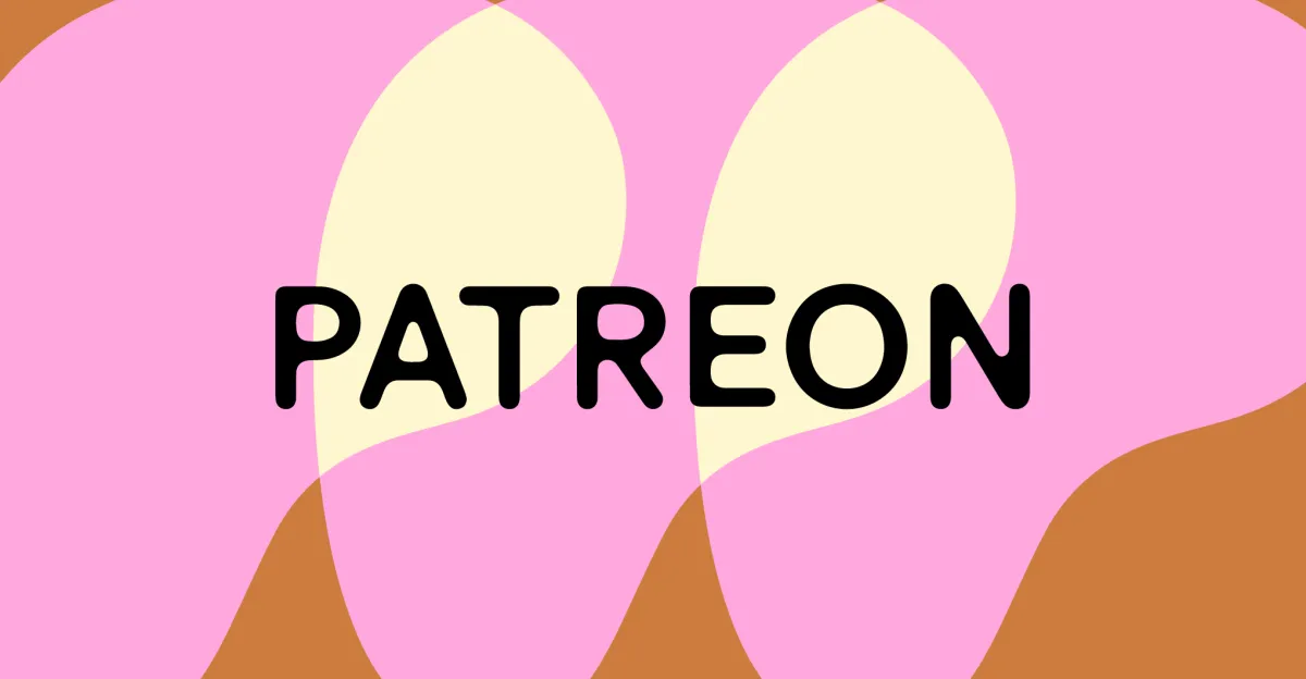 The word "Patreon" in bold black text over a pink, cream, and brown abstract background.