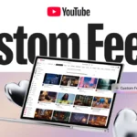 Laptop displaying YouTube custom feeds interface, surrounded by large text "Custom Feeds" and two metallic heart shapes.
