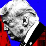 Stylized image of a man's profile, a "Make America Great Again!" sign, abstract red and blue background with geometric sha...