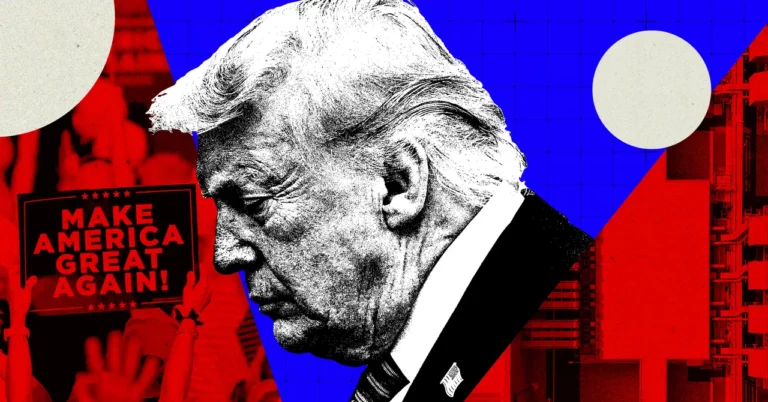 Stylized image of a man's profile, a "Make America Great Again!" sign, abstract red and blue background with geometric sha...