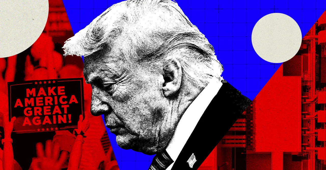 Stylized image of a man's profile, a "Make America Great Again!" sign, abstract red and blue background with geometric sha...