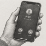 Hand holding a smartphone displaying an incoming call from "priya" with decline and accept buttons visible