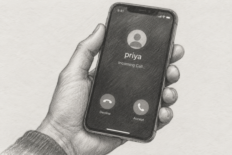 Hand holding a smartphone displaying an incoming call from "priya" with decline and accept buttons visible