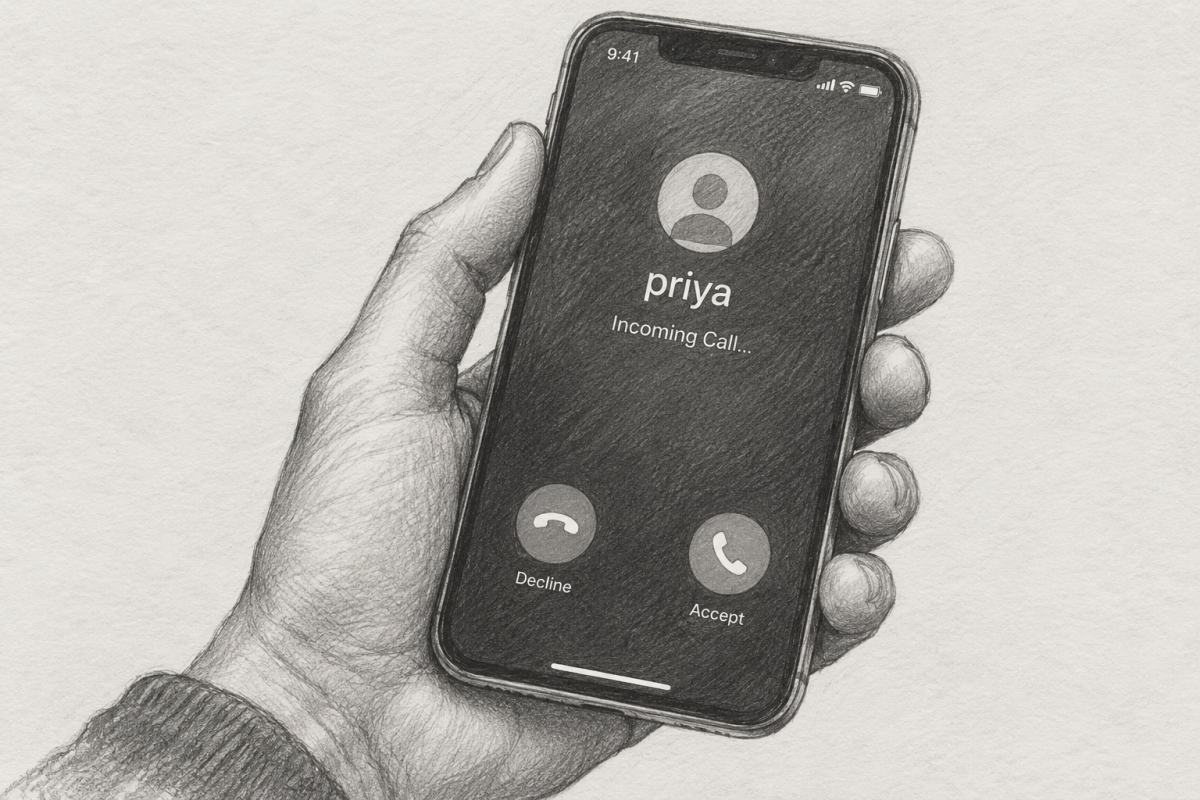 Hand holding a smartphone displaying an incoming call from "priya" with decline and accept buttons visible