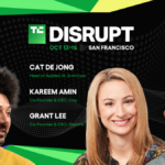 Three people are pictured with text announcing TechCrunch Disrupt event in San Francisco, October 13-15.