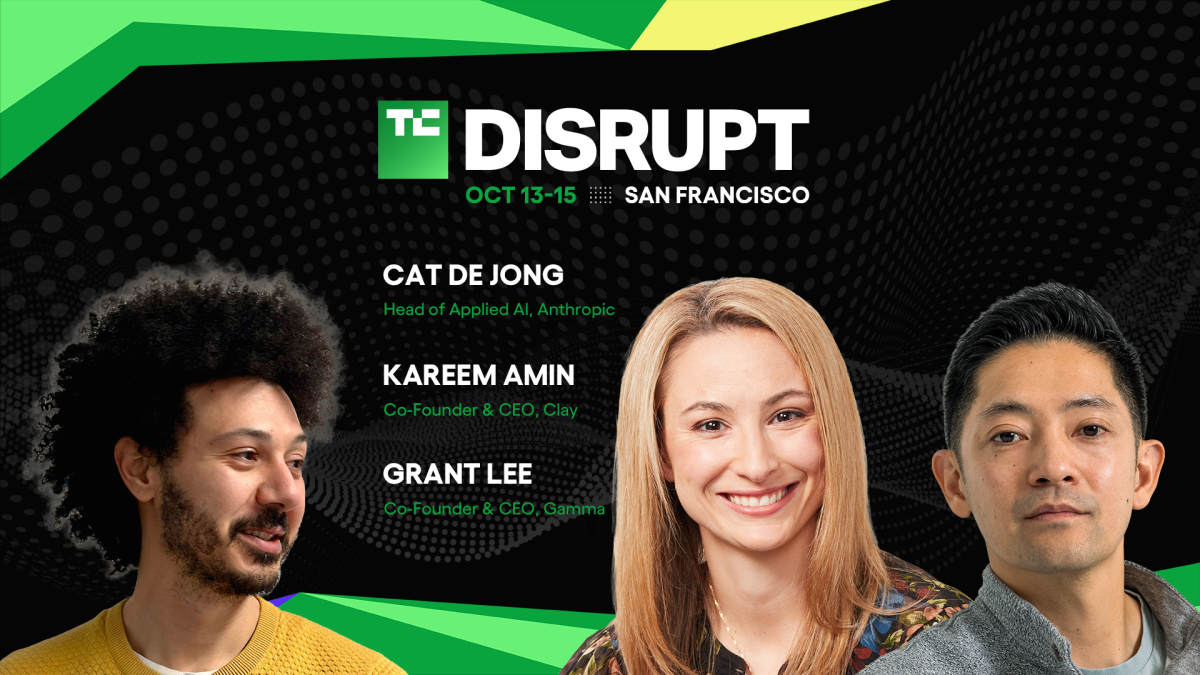 Three people are pictured with text announcing TechCrunch Disrupt event in San Francisco, October 13-15.