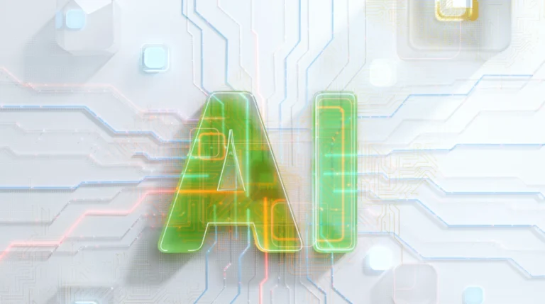 Green "AI" text on a digital circuit board background with glowing lines and geometric shapes.