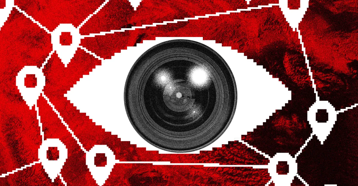 Camera lens in center of eye-shaped design, red digital map background with location markers.