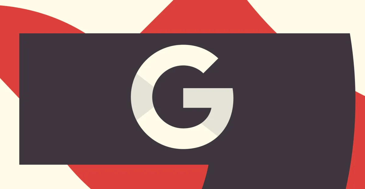 Large stylized letter G on a dark gray background with red and cream geometric shapes in the backdrop.