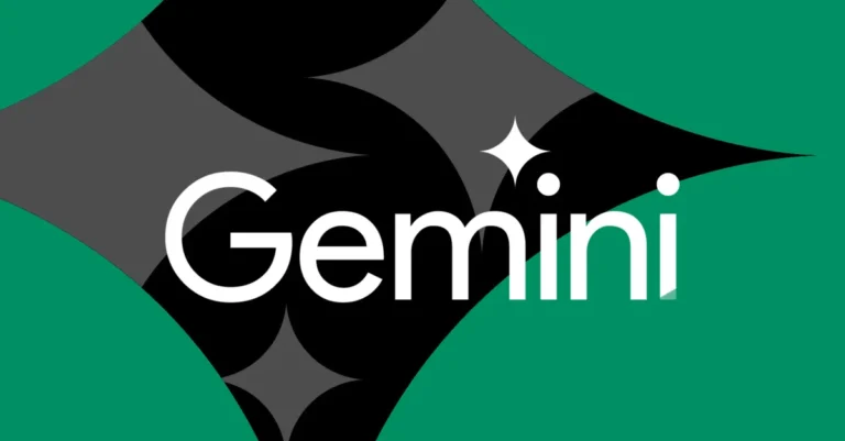 The word "Gemini" in white text with star shapes on a green and black abstract background.