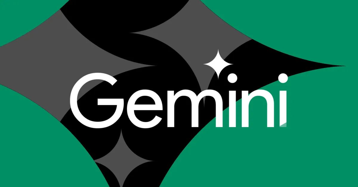 The word "Gemini" in white text with star shapes on a green and black abstract background.