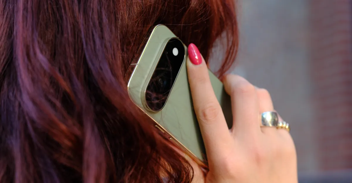 Person with red hair holding a green smartphone to their ear, wearing a silver ring and pink nail polish.