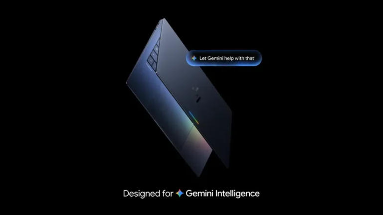 Sleek laptop with a rainbow sheen, text bubble "Let Gemini help with that," and caption "Designed for Gemini Intelligence.