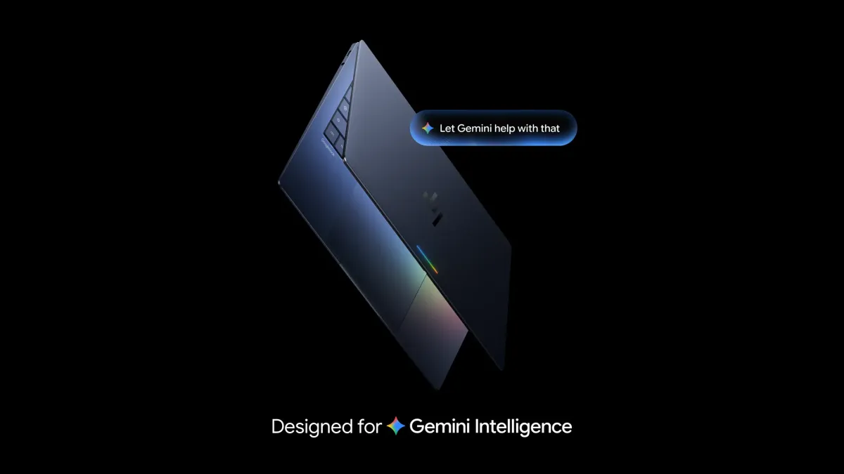 Sleek laptop with a rainbow sheen, text bubble "Let Gemini help with that," and caption "Designed for Gemini Intelligence.