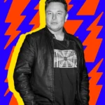 Person in a leather jacket stands against a vibrant background of orange and blue lightning bolt patterns.