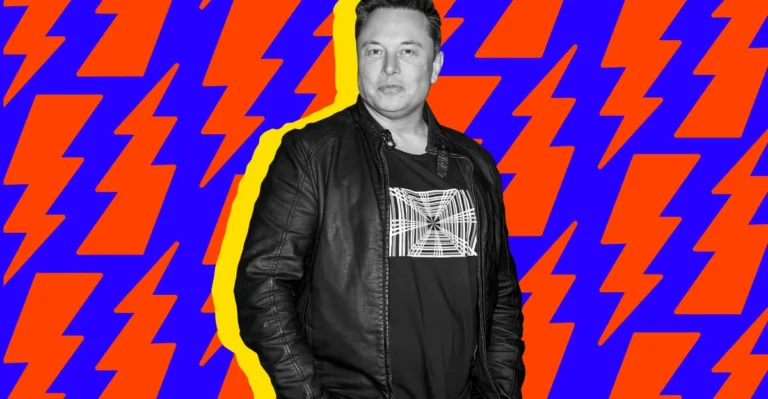 Person in a leather jacket stands against a vibrant background of orange and blue lightning bolt patterns.