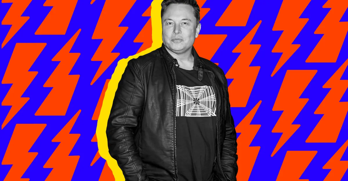Person in a leather jacket stands against a vibrant background of orange and blue lightning bolt patterns.