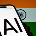 Smartphone screen displaying "AI" against the backdrop of the Indian flag