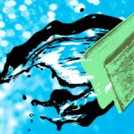 Abstract illustration of a green book with splashes of black and white against a blue bokeh background.
