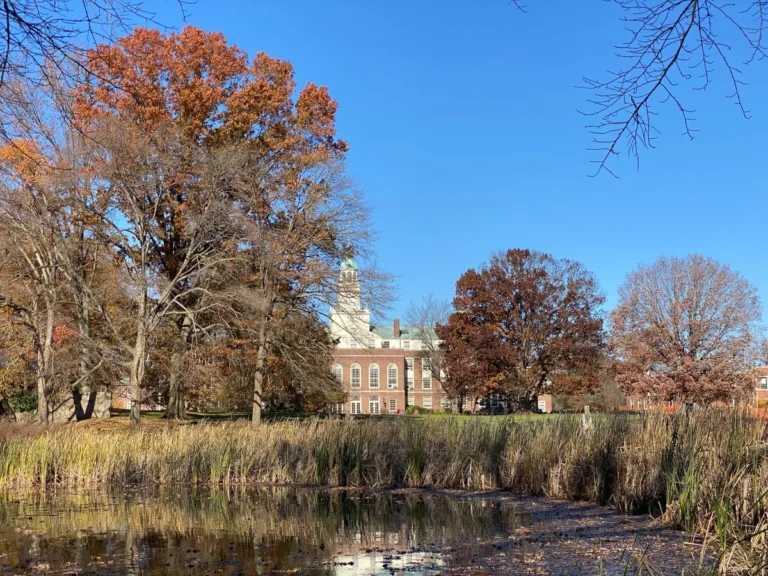 Historic building behind autumn trees and a pond under a clear blue sky.