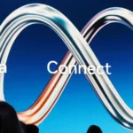 Shiny infinity loop with text meta connect 2026 on blue background, silhouettes of people in foreground