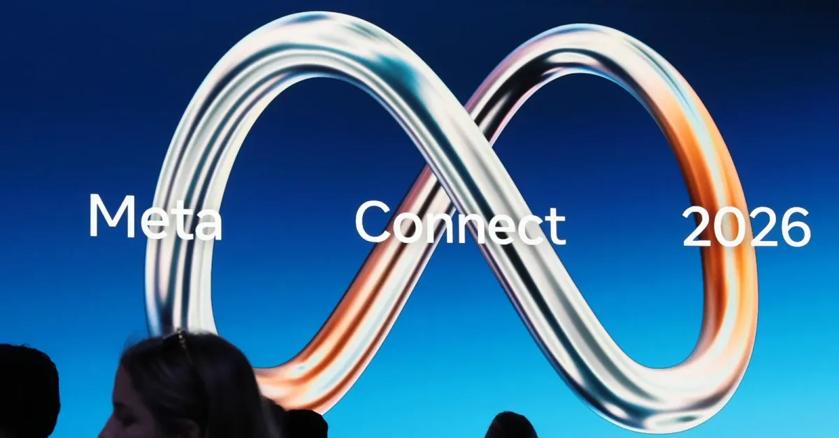 Shiny infinity loop with text meta connect 2026 on blue background, silhouettes of people in foreground