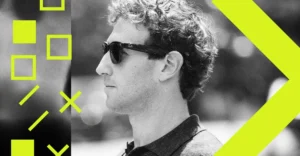 Profile of a man wearing sunglasses, with geometric neon shapes on the left and a large arrow on the right.