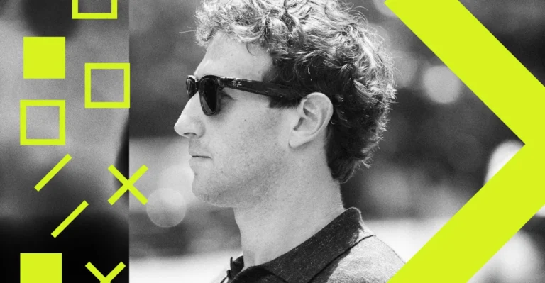 Profile of a man wearing sunglasses, with geometric neon shapes on the left and a large arrow on the right.