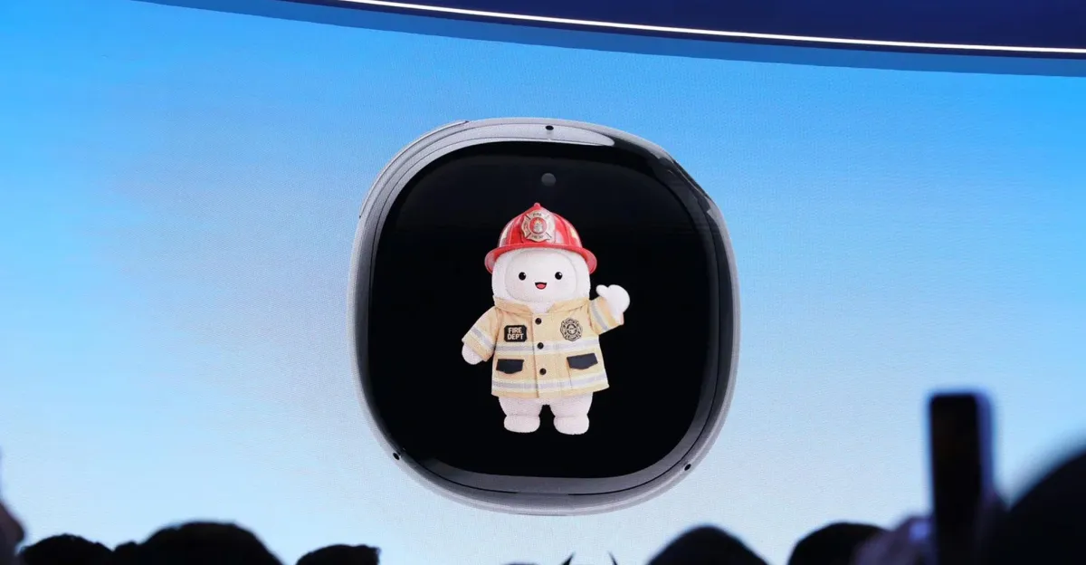 A cute plush mascot dressed as a firefighter is displayed on a large screen with a blue gradient background.