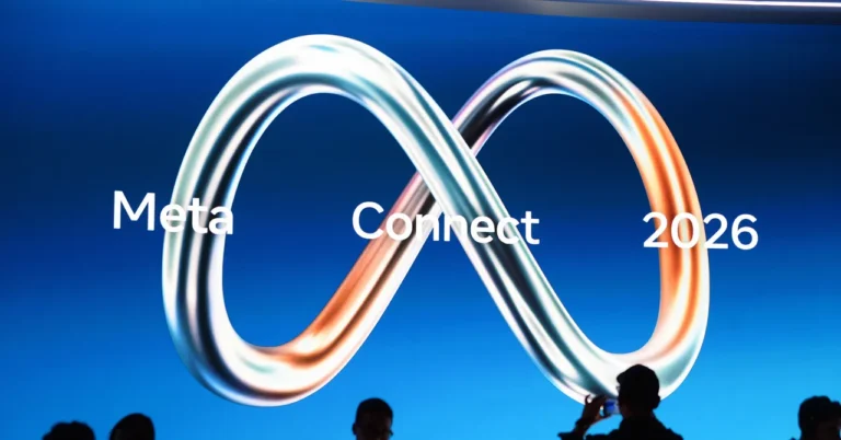 Infinity symbol on blue background with "Meta Connect 2026" text, silhouettes of two people at bottom.