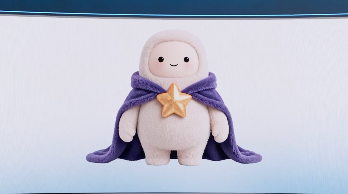 Cute plush character wearing a purple cape with a gold star on a white background.