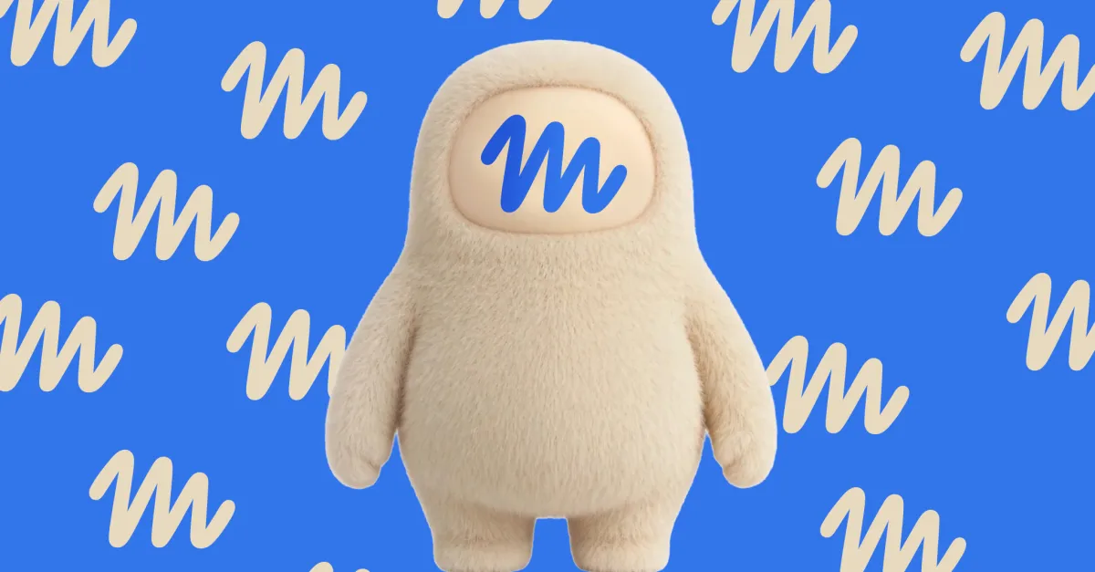 Furry beige character with blue "M" face on blue background with repeating "M" pattern.