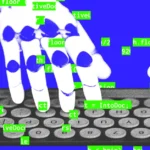 Hands typing on a keyboard with green code snippets overlayed, set against a blue background.