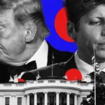 Two men in suits superimposed over the White House, with a blue and red graphic background.