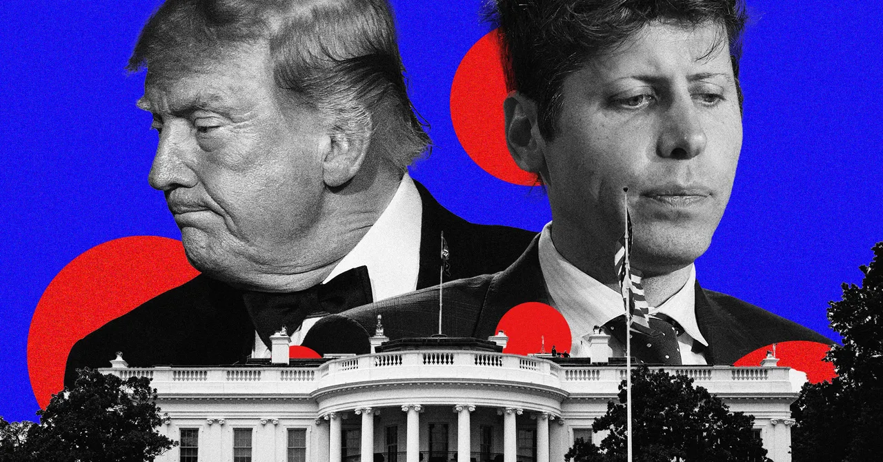 Two men in suits superimposed over the White House, with a blue and red graphic background.