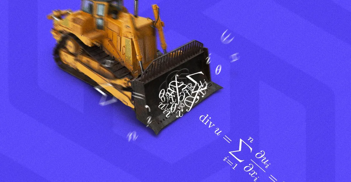 Yellow bulldozer on a blue background scooping mathematical symbols and equations, with scattered math symbols around.